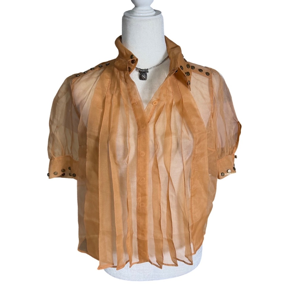 Anthropologie Maeve Sheer Studded Pleated Blouse Top XS Oversized Boho
